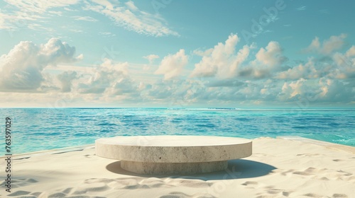 A serene summer scene with sand and tropical sea, featuring an abstract stone podium for showcasing moments or objects