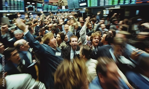 A busy stock exchange with traders everywhere, yelling to sell stocks photo