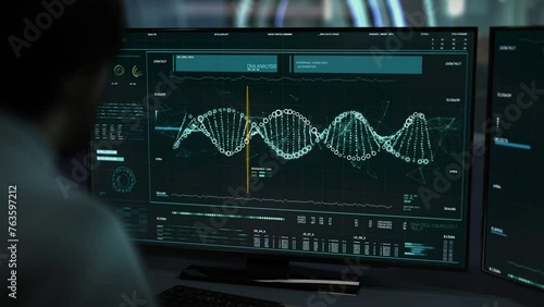 The doctor is working on the computer. Medical Research Laboratory. The DNA strand is being analyzed. It is spinning on the screen with the line passing through it. Data processing. User Interface.