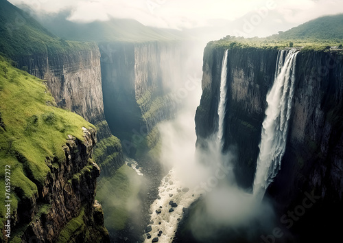 A mountain range with a river flowing through it and a waterfall. The sky is cloudy and the water is misty