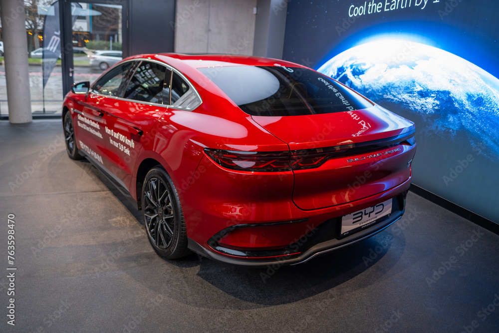 new red BYD Han EV 3.95, rear view, Electric Vehicle Chinese ...