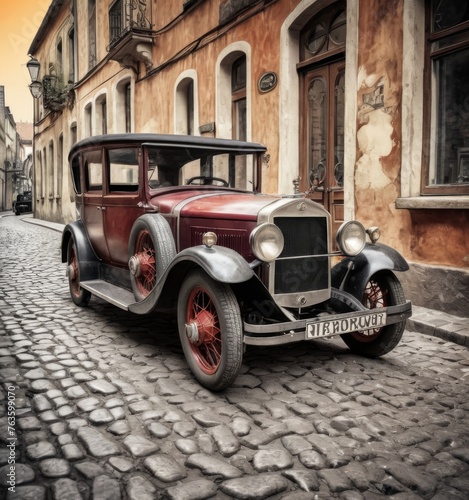 The bold red and burgundy hues of a vintage car contrast beautifully with the historic European buildings lining the cobblestone way. The vehicle's presence adds a narrative of historical progress. AI © Anastasiia