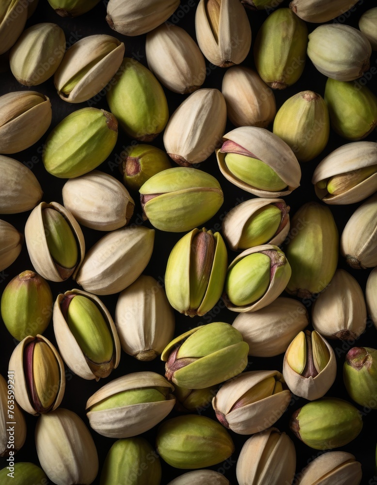 Green pistachio nuts lie clustered, their open shells revealing a peek at the edible seeds inside. The image captures their natural variations and vibrant green hues. AI generation Green pistachio nuts lie clustered, their open shells revealing a peek at the edible seeds inside. The image captures their natural variations and vibrant green hues. AI generation