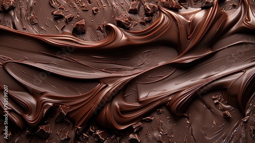 close up of chocolate swirls and chocolate pieces background, 3d rendering background
