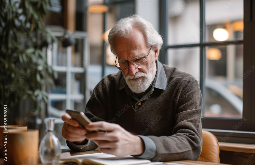 Elderly man using a smartphone, engrossed in modern technology in a home office setting. Elderly man using a smartphone, engrossed in modern technology in a home office setting.