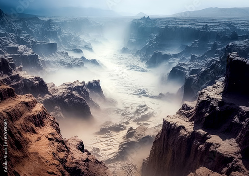 A desert landscape with a river running through it. The sky is cloudy and the sun is barely visible