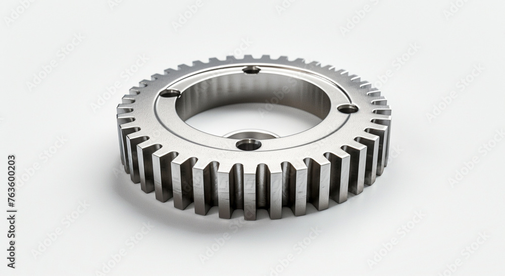 3d clean stainless steel gear with 100 gear teeth, standing, top view, white background, centered composition 3d clean stainless steel gear with 100 gear teeth, standing, top view, white background, centered composition