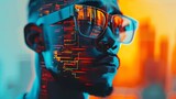 Afrofuturistic Man in Digital Cityscape, To convey a message of innovation, modernity, and cultural diversity in a visually striking and emotive way