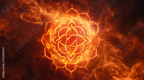 Practicing sacral chakra meditation in lotus pose before the Svadhisthana chakra symbol. Peaceful decor supports chakra energy healing. Svadhishthana sacral chakra symbol
 photo