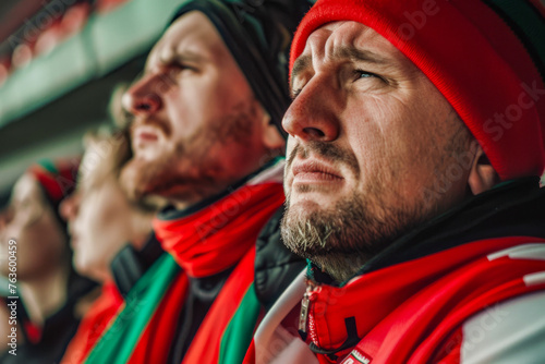A group of Hungarian fans sit in the stadium crying and with sad faces after losing the game wearing red Hungarian national football team sport outfits, in football stadium