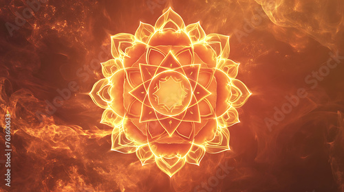 Yoga lotus pose for sacral chakra meditation in front of the Svadhisthana chakra symbol. Peaceful decor for serene meditation environment, featuring the Svadhishthana sacral chakra symbol illustration