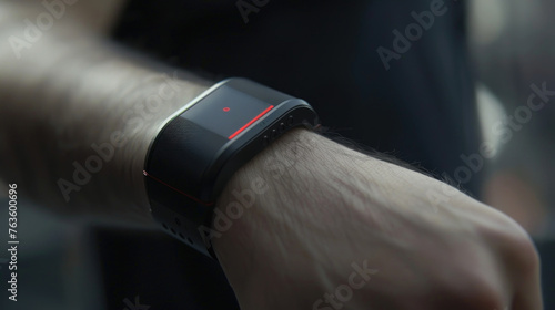 Close-up view of a persons wrist as they wear a smart watch, showing the devices screen and wristband
