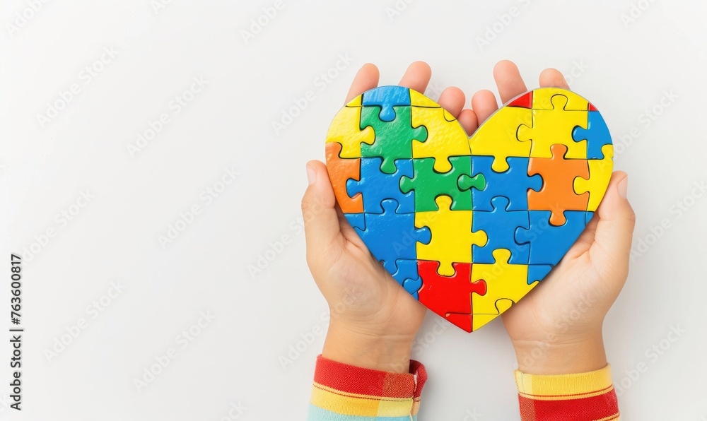 Child hands holding heart shaped colorful puzzle - obrazy, fototapety, plakaty 