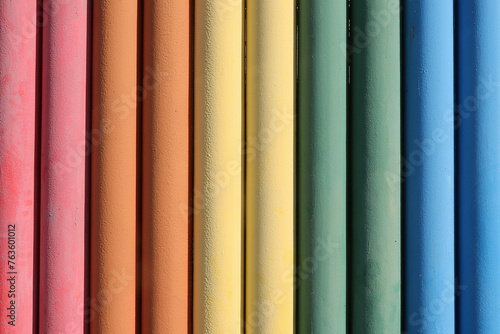 Background or texture with detail of colorfully painted metal, side-by-side lined up pipes