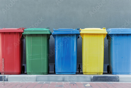 Various colorful trash cans lined up next to each other on the sidewalk