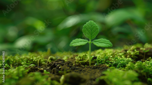 A close-up view of a small green plant sprouting from the earth, showcasing growth and renewal in nature