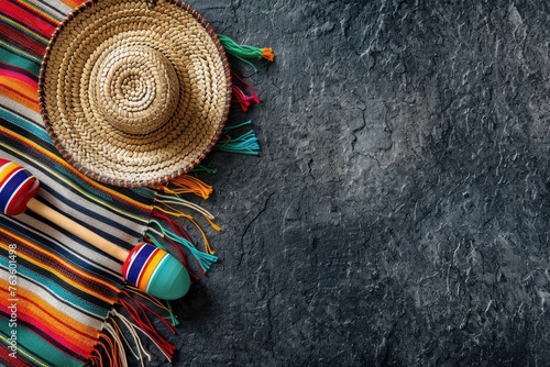 Cinco de Mayo holiday background made from maracas, mexican blanket stripes or poncho serape and hat on dark stone background and copy space - generative ai