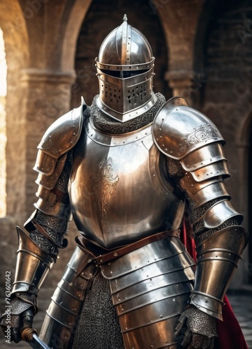In the cloistered quarters of a medieval structure, a stoic knight clad in ornate armor surveys his surroundings. The intricacies of his suit reflect a bygone era of craftsmanship and duty. AI