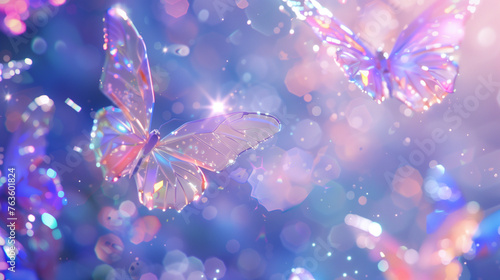 En un paisaje de ensueño repleto de bokeh y brillo, mariposas iridiscentes danzan grácilmente en el aire, sus alas cristalinas refractando una sinfonía de luz en delicados arcos prismáticos. photo
