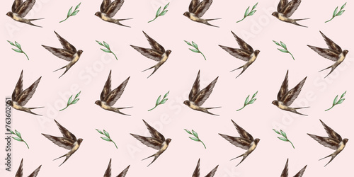 Swallow watercolor clipart illustration seamless pattern birds songbird leaves feathers fauna nature animals ecological photo