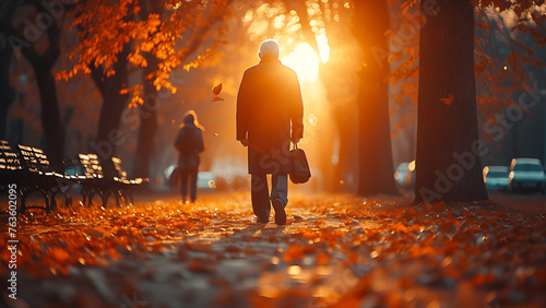 Old man in hat and carrying bag in hand, walking in park, autumn. photo
