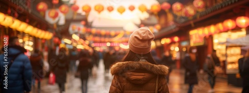 China food market street in Beijing. Chinese tourist walking in city streets on Asia vacation tourism. Asian woman travel lifestyle panoramica banner photo