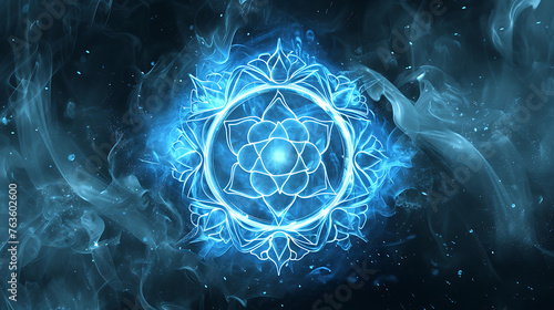 Vishuddhi throat chakra represented in a vibrant vector illustration, highlighting its symbol, location, and position for educational and spiritual purposes. 