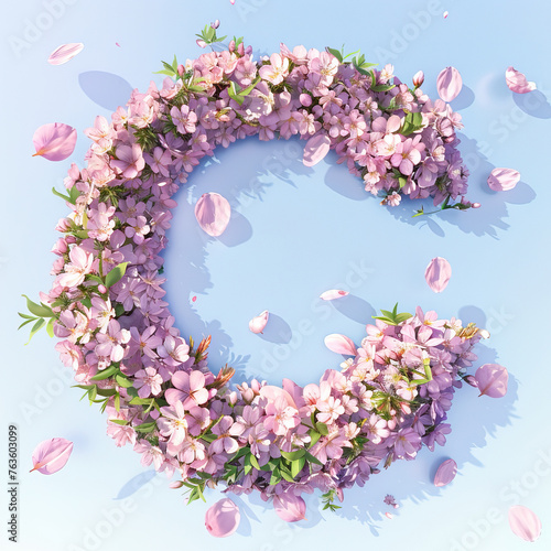 Letter C. Light fresh floral spring composition in sakura petals in beige and pink tones on blue, arrival of spring dynamic greens and sakura, attention to detail product, bokeh and particles