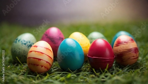 easter eggs in grass   multi-colored easter eggs on green grass banner created with generative ai