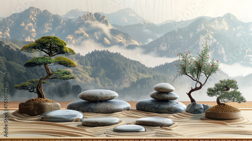 Zen Garden with Bonsai Trees and Mountain Backdrop