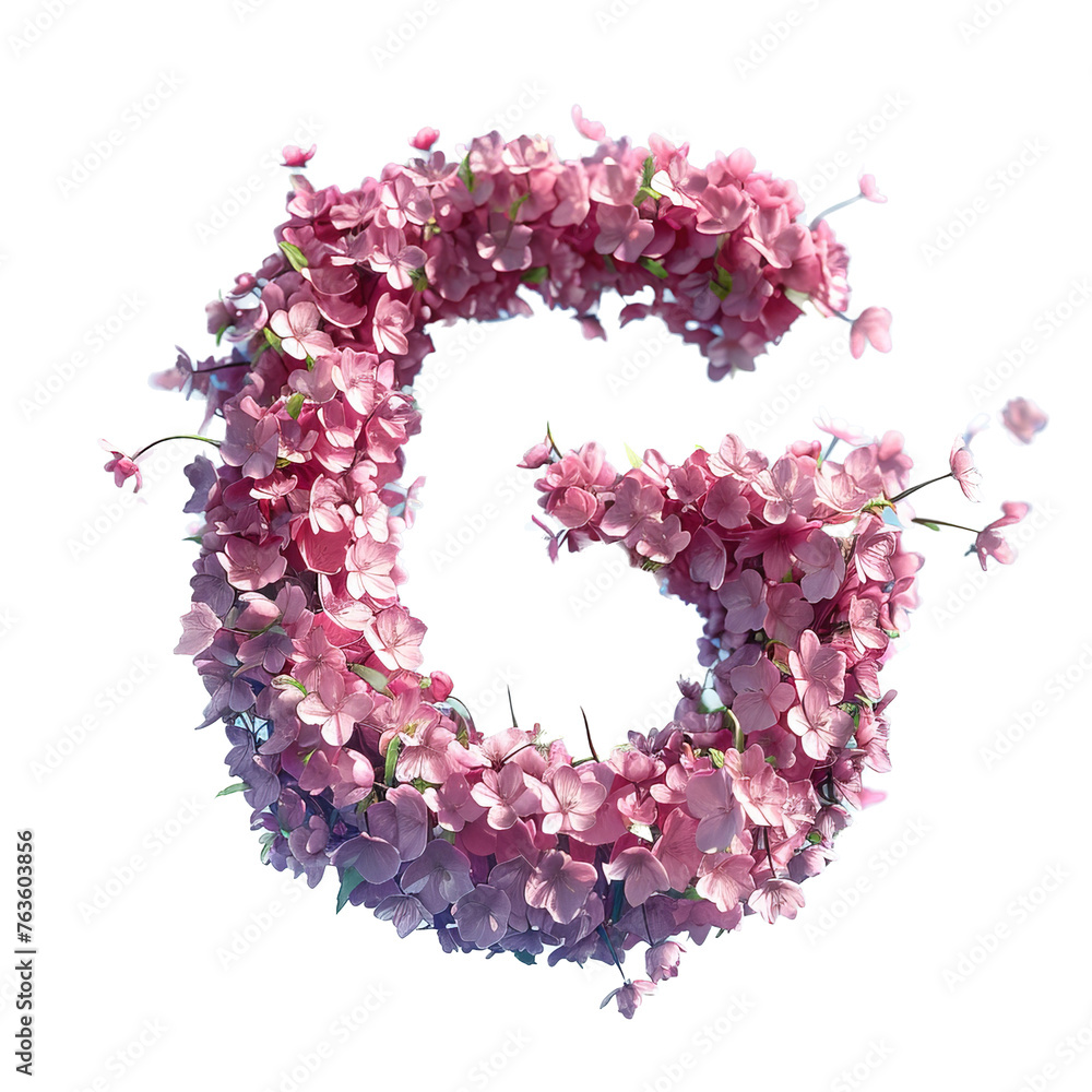 Letter G. Light fresh floral spring composition in sakura petals in beige and pink tones on blue, arrival of spring dynamic greens and sakura, attention to detail product, bokeh and particles