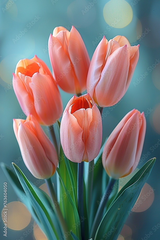 Pink tulips in pastel coral tints at blurry background, closeup. Fresh spring flowers in the garden - obrazy, fototapety, plakaty 