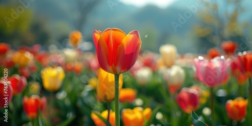 Blooming red tulips flower in the foothills of snowy mountains. #763604220