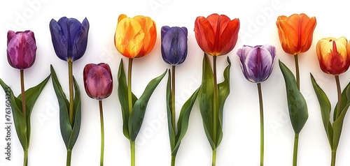 Red, pink, yellow, white, and purple tulips rise up against a white background #763604225