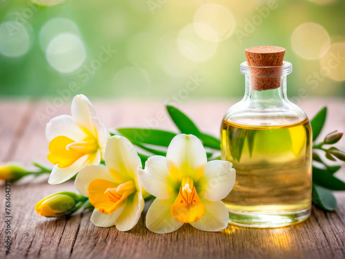 Floral scent aroma oil in a glass bottle with delicate flowers