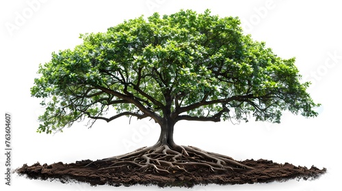 Big tree with roots and leaves isolated on white background.
