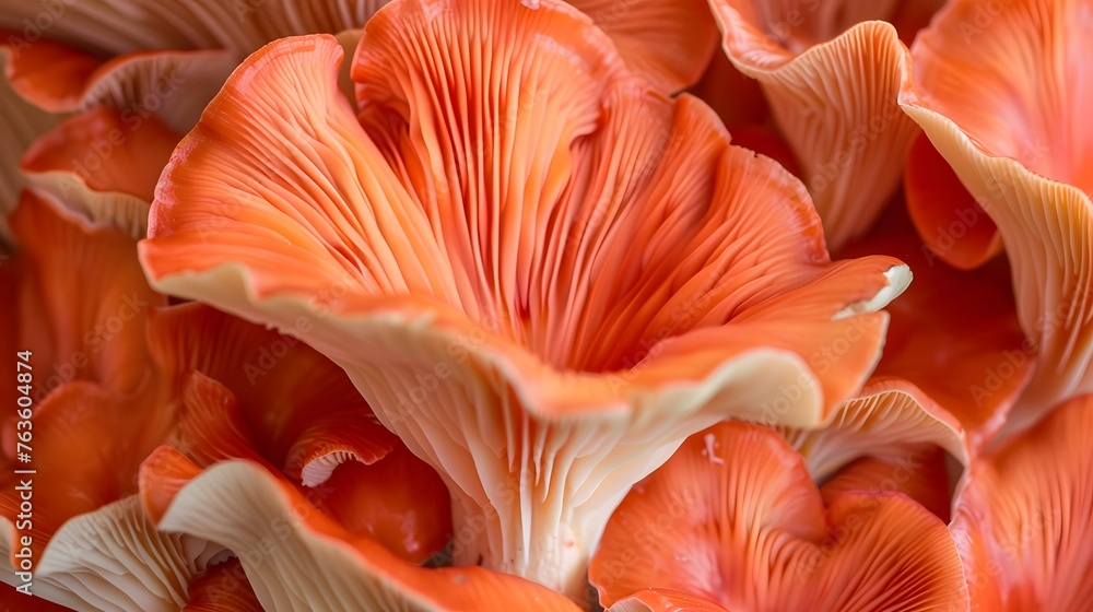Close up of Red Oyster Mushrooms, showing the fine detail in their fins. Coral coloured.
