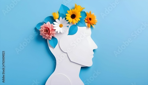 World Mental Health Day concept. Paper human head symbol and flowers on a blue background created with generative ai. © cd