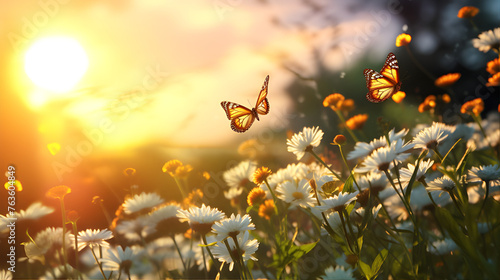 A collage of four ethereal images of butterflies fluttering among colorful wildflowers bathed in the warm glow of the setting sun. photo