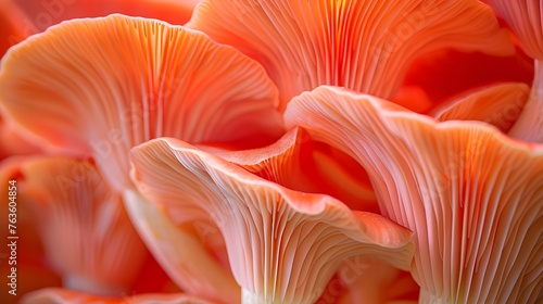 Close up of Red Oyster Mushrooms, showing the fine detail in their fins. Coral coloured. 