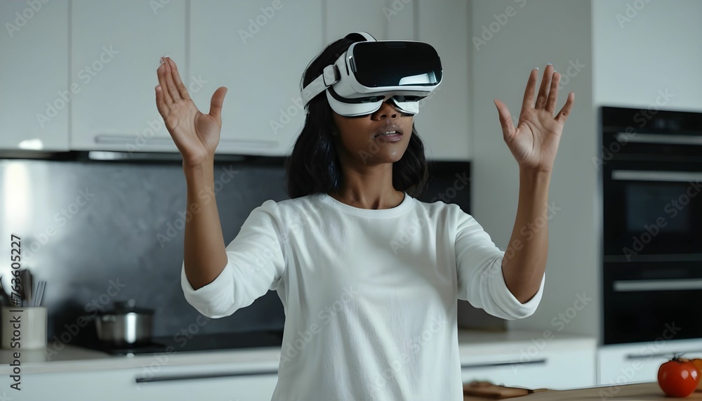 woman in white augmented virtual reality glasses gesticulates with her hands while controlling a virtual screen while standing in a modern home kitchen created with generative ai. woman in white augmented virtual reality glasses gesticulates with her hands while controlling a virtual screen while standing in a modern home kitchen created with generative ai.