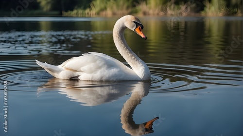 A graceful swan gliding across a glassy lake  its reflection shimmering in the water.