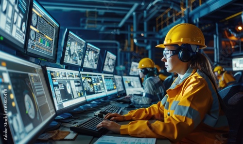 An engineer working in a control room in a vast mineral extraction site photo