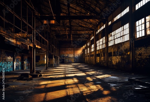 illustration, abandoned industrial warehouse urban exploration, derelict, desolate, vacant, empty, forsaken, neglected, eerie, spooky, haunting