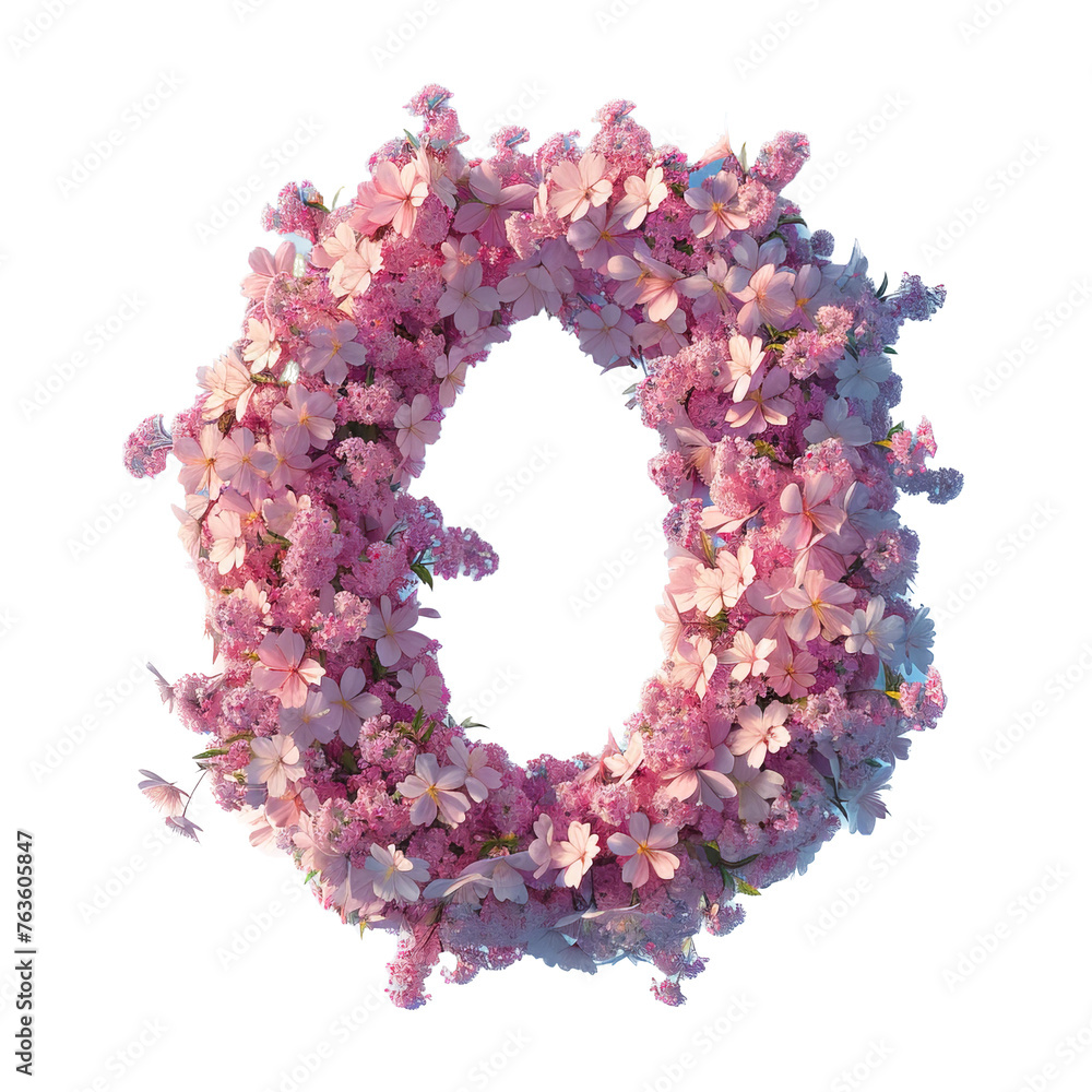 Letter O. Light fresh floral spring composition in sakura petals in beige and pink tones on blue, arrival of spring dynamic greens and sakura, attention to detail product, bokeh and particles