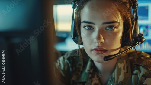 Portrait of Caucasian young woman in headset sitting at computer screen in monitoring room in army and then looking at camera. Close up of female soldier despatcher in military center. photo