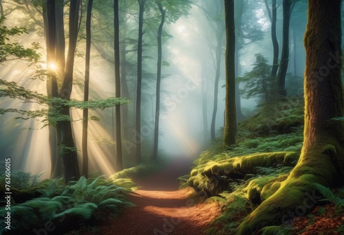 illustration  misty forest landscape foggy atmosphere trees light scenic nature pictures  rays  atmospheric  woods  woodland  haze  tranquil  serene