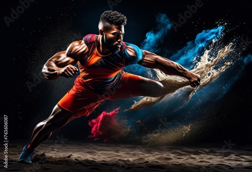 illustration, dynamic athlete demonstrating power agility action portrait, strength, speed, movement, fitness, exercise, sport, performance, flexibility © Yaraslava