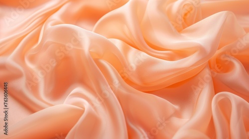 Peach fluffy Pantone color of the year 2024, stylish for presentation. Texture of folds of silk and satin. Abstract image of wavy lines of fabric, creating the illusion of movement. The play of light