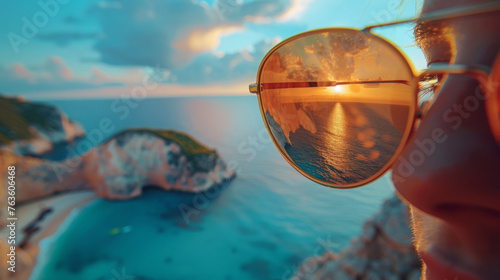 Round Sunglasses Reflecting The Sunset Above A Majestic Seaside Cliff